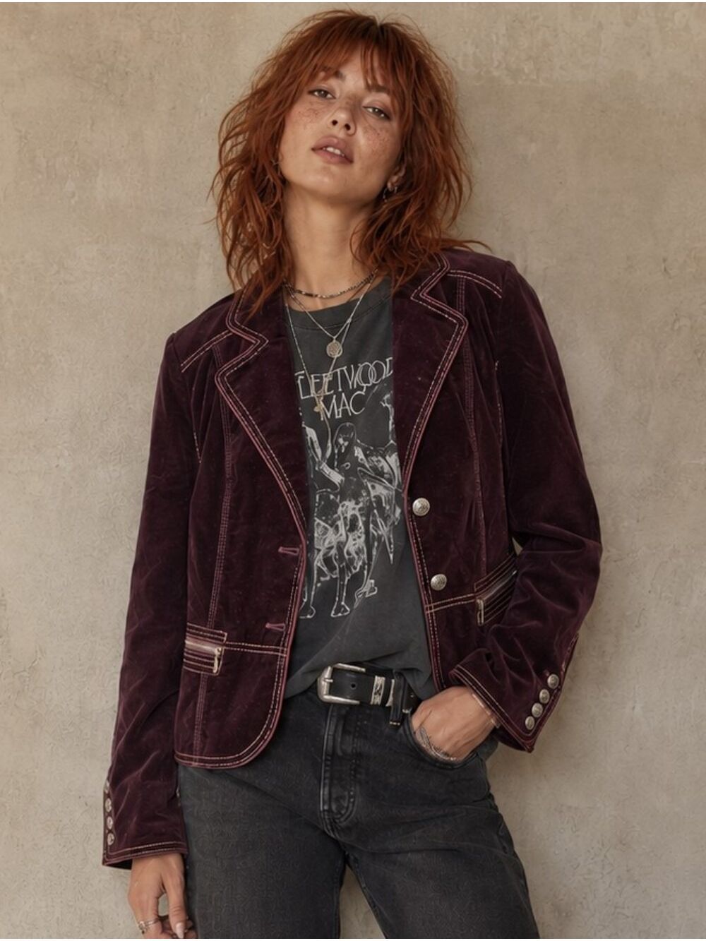 CHICO'S PLUM VELVETEEN BLAZER MILITARY JACKET MEDIUM CONTRAST STITCHING